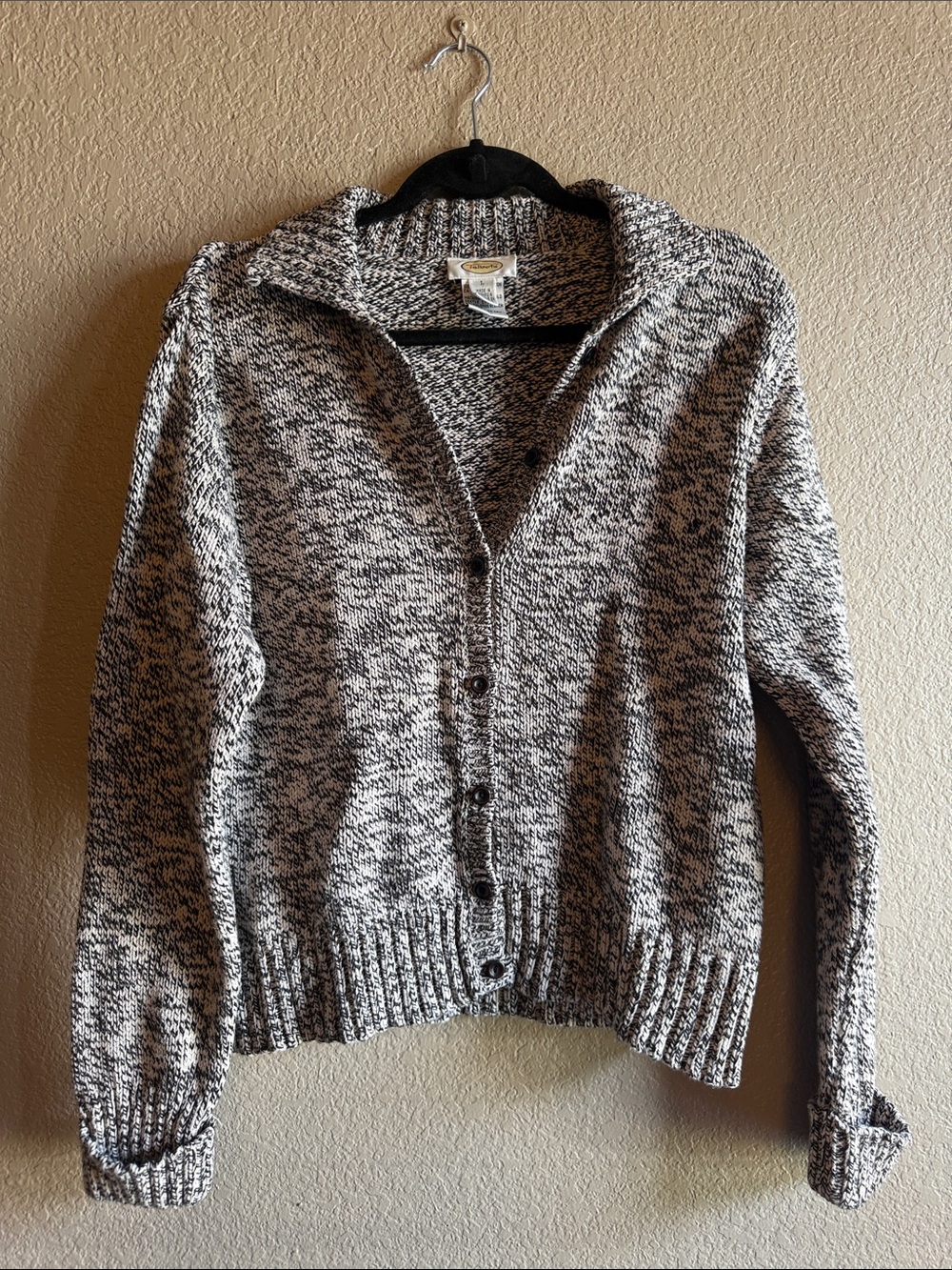 Talbots Vintage Marled Knit Button Front Cardigan Sweater collared black white L